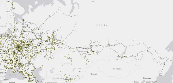 Fig. 3. Map of Russian rail lines and German POW camps, 1941–56. 